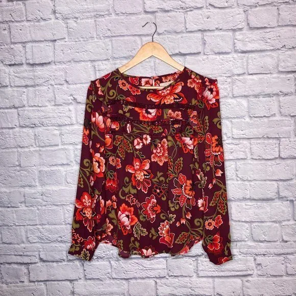 Ann Taylor LOFT XS Burgundy Floral Ruffle Keyhole Lace Inset Top Blouse Boho - Picture 3 of 6